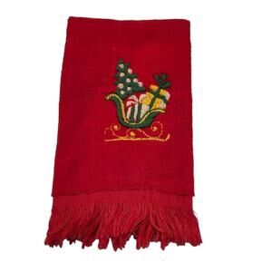 Vintage Bucilla Christmas Sleigh Red Fringed Hand Bath Towel Embroidered